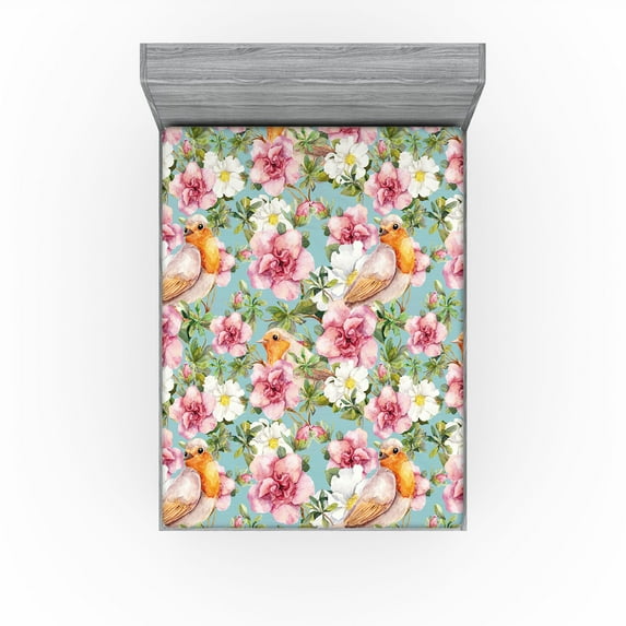 Ambesonne Birds and Nature Fitted Sheet, Vintage Blooms, Queen Size, Seafoam Vermilion Blush