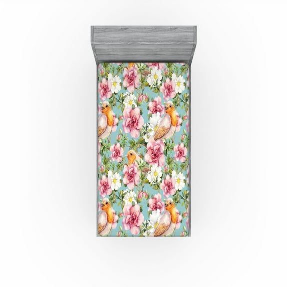 Ambesonne Birds and Nature Fitted Sheet, Vintage Blooms, Twin Size, Seafoam Vermilion Blush