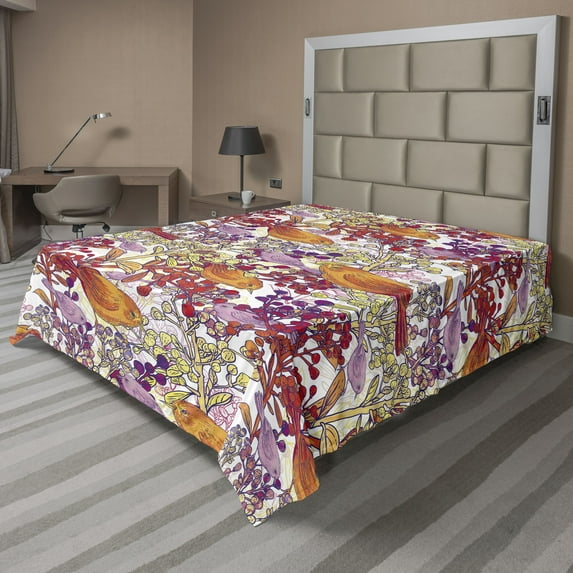 Ambesonne Birds and Nature Flat Bedding Sheet Soft Top Sheet, Art Floral Scene, Queen, Burnt Sienna Dark Pink