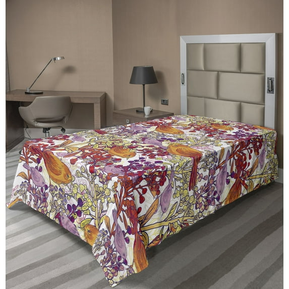 Ambesonne Birds and Nature Flat Bedding Sheet Soft Top Sheet, Art Floral Scene, Twin XL, Burnt Sienna Dark Pink
