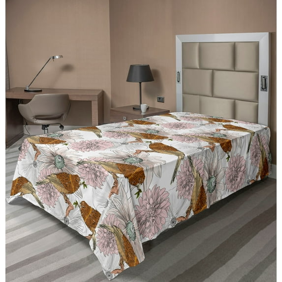 Ambesonne Birds and Nature Flat Bedding Sheet Soft Top Sheet, Art Sketchy Flower, Twin XL, Paprika Pale Pink White
