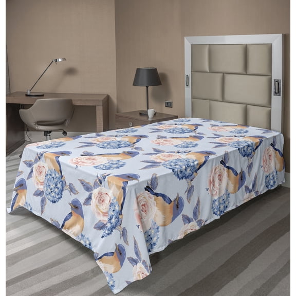 Ambesonne Birds and Nature Flat Bedding Sheet Soft Top Sheet, Leafy Retro Roses, Twin, Ceil Blue White Blush