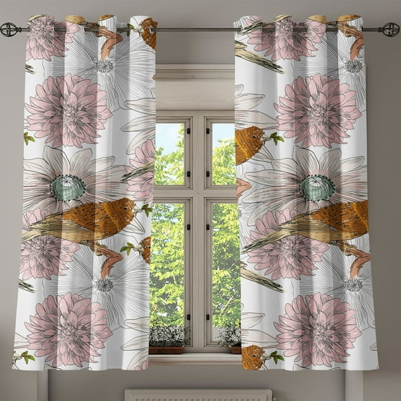 Ambesonne Birds and Nature Grommet Curtain, Art Sketchy Flower, 50"x60", Paprika Pale Pink White