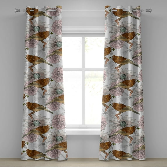 Ambesonne Birds and Nature Grommet Curtain, Art Sketchy Flower, 50"x84", Paprika Pale Pink White