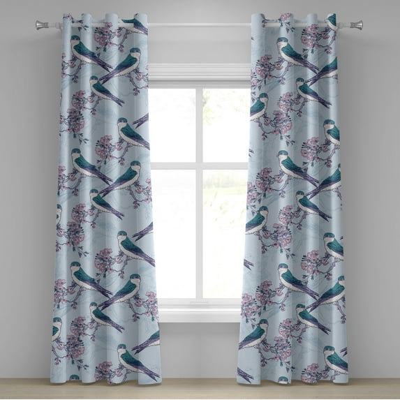Ambesonne Birds and Nature Grommet Curtain, Japan Sakura Birds, 50"x72", Dark Seafoam Pastel Pink