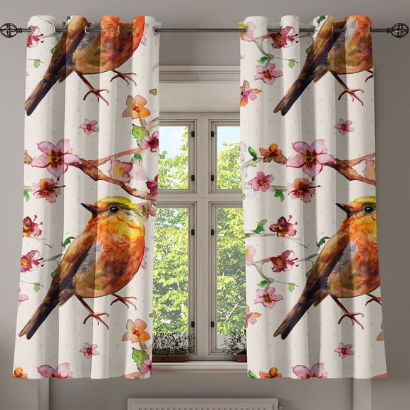 Ambesonne Birds and Nature Grommet Curtain, Japanese Sparrow, 50"x60", Vermilion Pale Pink Cream