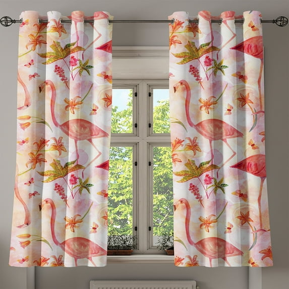 Ambesonne Birds and Nature Grommet Curtain, Pastel Flamingo, 50"x63", Apple Green Coral Rose
