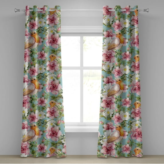 Ambesonne Birds and Nature Grommet Curtain, Vintage Blooms, 50"x84", Seafoam Vermilion Blush