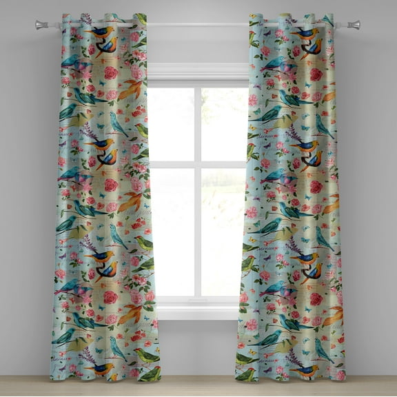 Ambesonne Birds and Nature Grommet Curtain, Watercolor Vintage, 50"x72", Fern Green Vermilion