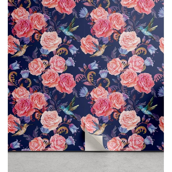Ambesonne, Birds and Nature Peel & Stick Wallpaper for Home, Boho Animal Floral, 13"x100", Dark Lavender Pastel Pink