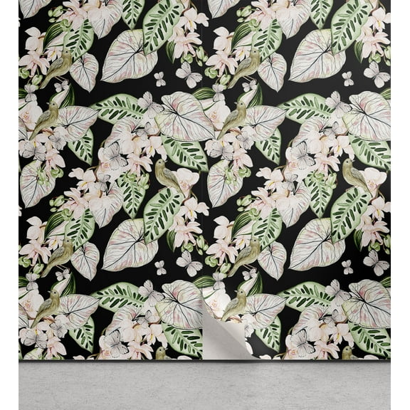 Ambesonne Birds and Nature Peel & Stick Wallpaper for Home, Night Jungle Art, 13"x36", Blush Green Charcoal Grey