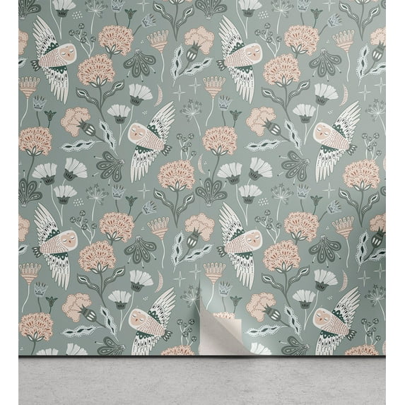 Ambesonne Birds and Nature Peel & Stick Wallpaper for Home, Oriental Owl Print, 13"x36", Pale Slate Blue Blush