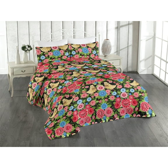 Ambesonne Birds and Nature Quilted Bedspread Set 3 Pcs, Flowers and Birds, King, Dark Pink Pistachio Green