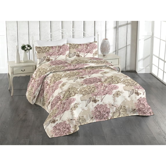 Ambesonne Birds and Nature Quilted Bedspread Set 3 Pcs, Hummingbirds Flora, Queen, Pastel Yellow Pale Pink