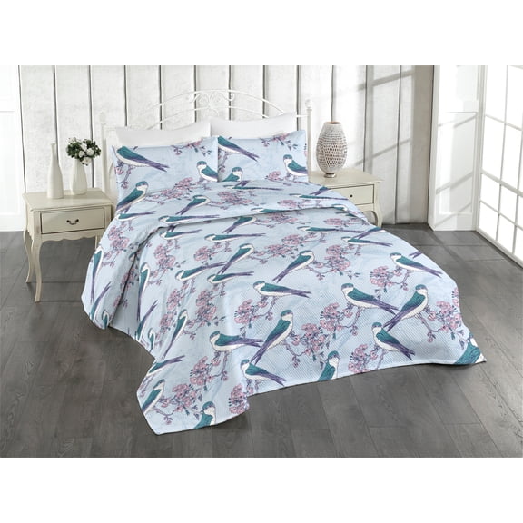 Ambesonne Birds and Nature Quilted Bedspread Set 3 Pcs, Japan Sakura Birds, Queen, Dark Seafoam Pastel Pink