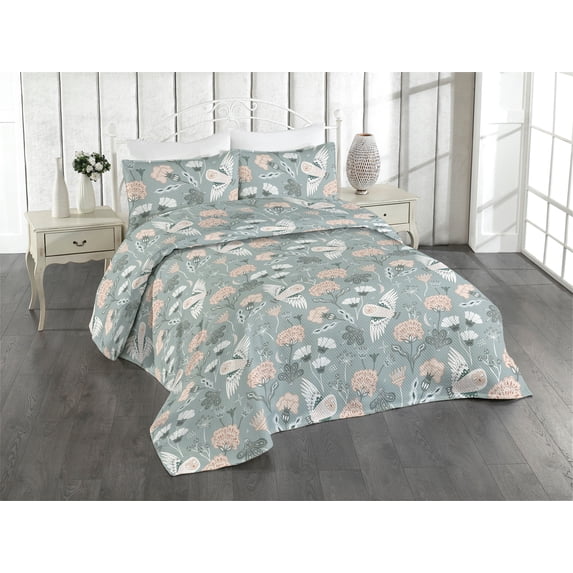 Ambesonne Birds and Nature Quilted Bedspread Set 3 Pcs, Oriental Owl Print, King, Pale Slate Blue Blush