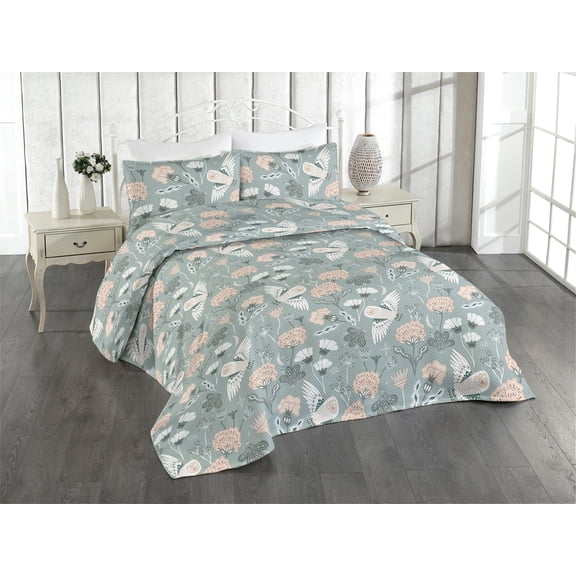 Ambesonne Birds and Nature Quilted Bedspread Set 3 Pcs, Oriental Owl Print, Twin, Pale Slate Blue Blush