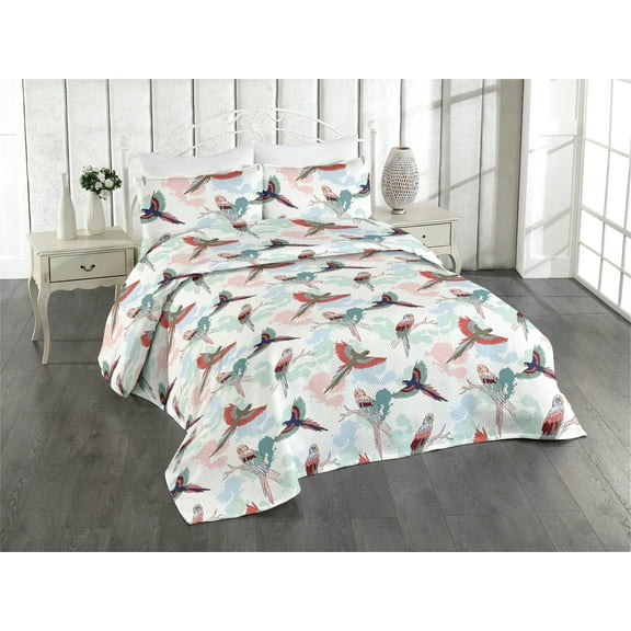 Ambesonne Birds and Nature Quilted Bedspread Set 3 Pcs, Wild Jungle Parrot, Queen, White Multicolor