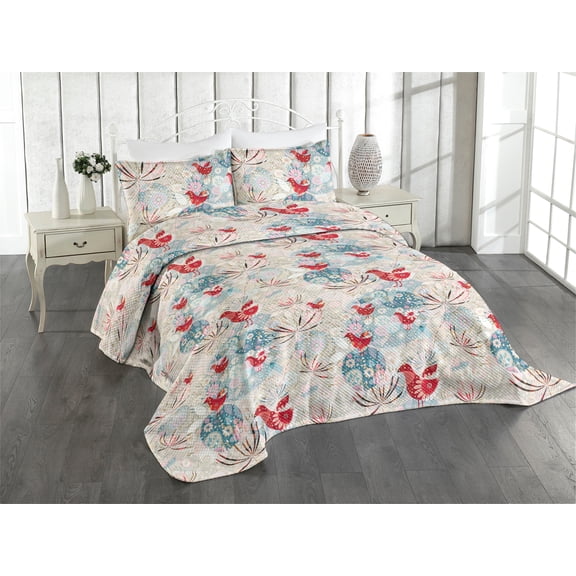 Ambesonne Birds and Nature Quilted Coverlet 2 Pcs, Psychedelic Floral, Twin Size, Dark Pink Champagne Blush