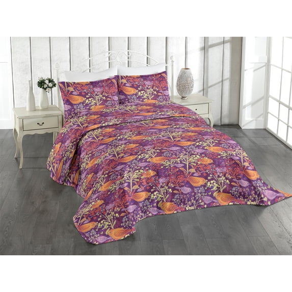 Ambesonne Birds and Nature Quilted Coverlet 3 Pcs, Fantasy Animals, King Size, Purple Orange and Lilac