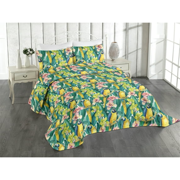 Ambesonne Birds and Nature Quilted Coverlet 3 Pcs, Realist Macaw Art, Queen Size, Yellow Jade Green Coral