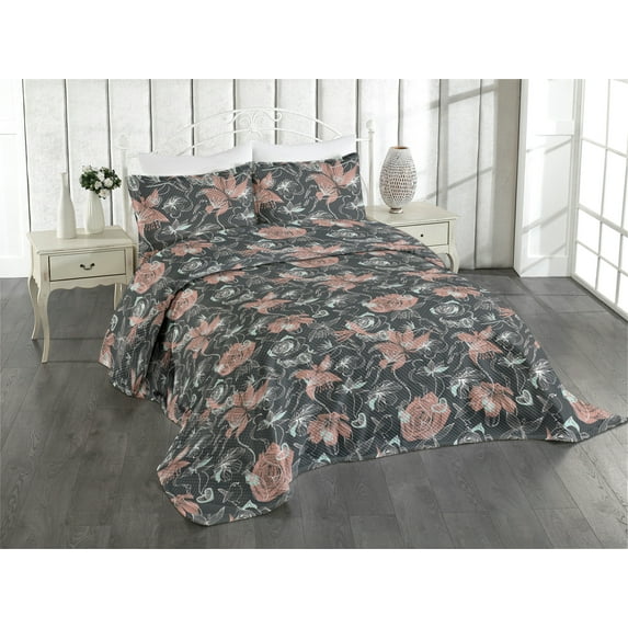 Ambesonne Birds and Nature Quilted Coverlet 3 Pcs, Spring Roses Wingy, King Size, Coral Pale Blue
