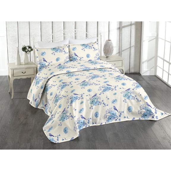 Ambesonne Birds and Nature Quilted Coverlet 3 Pcs, Winged Animals Art, King Size, Off White Ceil Blue