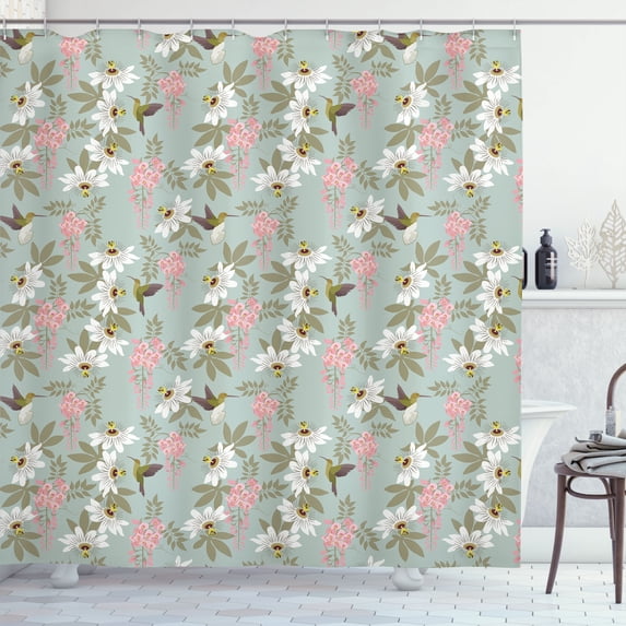 Ambesonne Birds and Nature Shower Curtain, Passionflower Art, 69"Wx84"L, Dried Rose Reseda Green