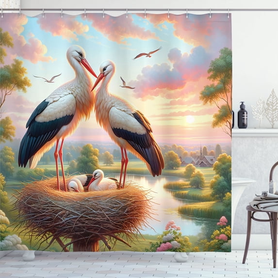 Ambesonne Birds and Nature Shower Curtain, Storks of Romance, 69"Wx84"L, Fern Green Multicolor
