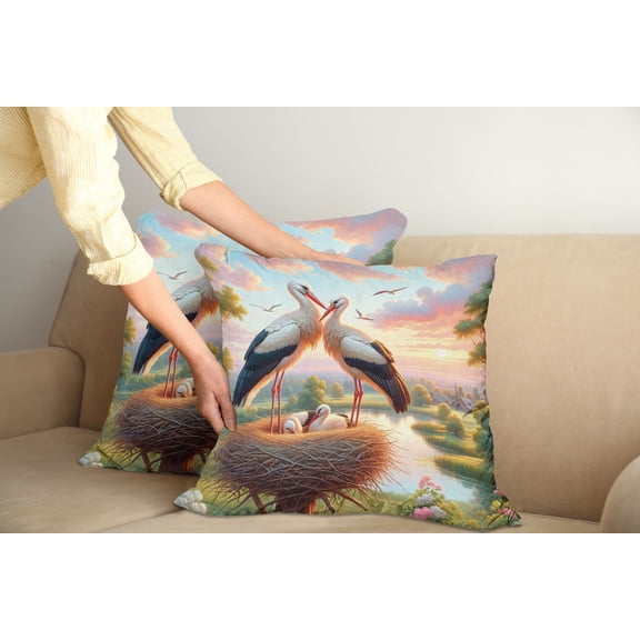 Ambesonne Birds and Nature Throw Pillow Cover Pack of 2, Storks of Romance, 2 Pcs-28"x28", Fern Green Multicolor
