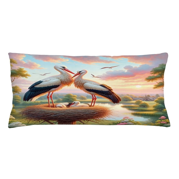 Ambesonne Birds and Nature Throw Pillow Cushion Cover, Storks of Romance, 36" X 16", Fern Green Multicolor
