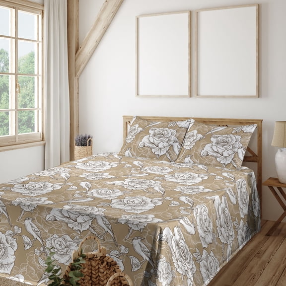 Ambesonne Birds and Roses Fitted & Flat Sheet with Sham 3 Pcs Set, Art Bitonal Flowers, Twin, Dark Khaki White
