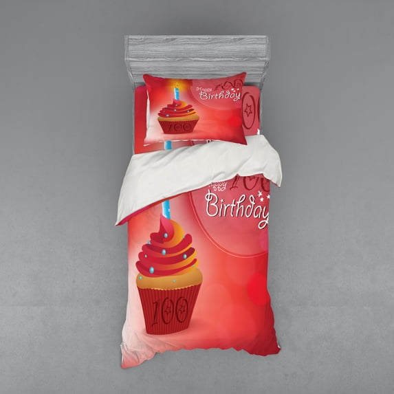 Ambesonne Birthday Bedding Set 3 Pcs, 100 Old Cupcake, Twin, Pink Red and Orange