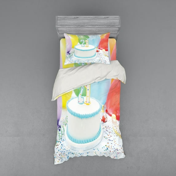 Ambesonne Birthday Bedding Set 3 Pcs, Colorful Ballons, Twin, White and Pale Blue