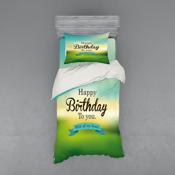 Ambesonne Birthday Bedding Set 3 Pcs, Sincere Greeting Blur, Twin, Turquoise Green Yellow