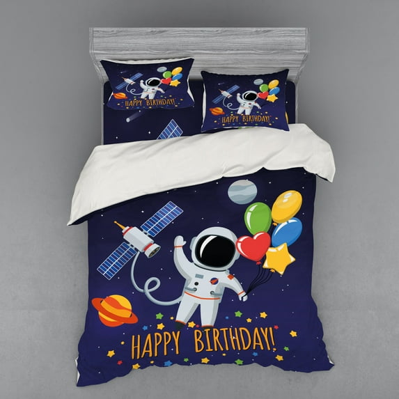 Ambesonne Birthday Bedding Set 4 Pcs, Astronaut Balloon, Queen, Multicolor