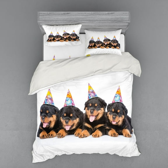 Ambesonne Birthday Bedding Set 4 Pcs, Birthday Dogs Hats, Queen, Marigold and Black