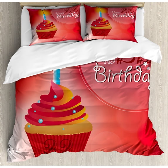 Ambesonne Birthday Duvet Cover Set, Cupcake Romantic, 2-Calking, Red Scarlet Blue