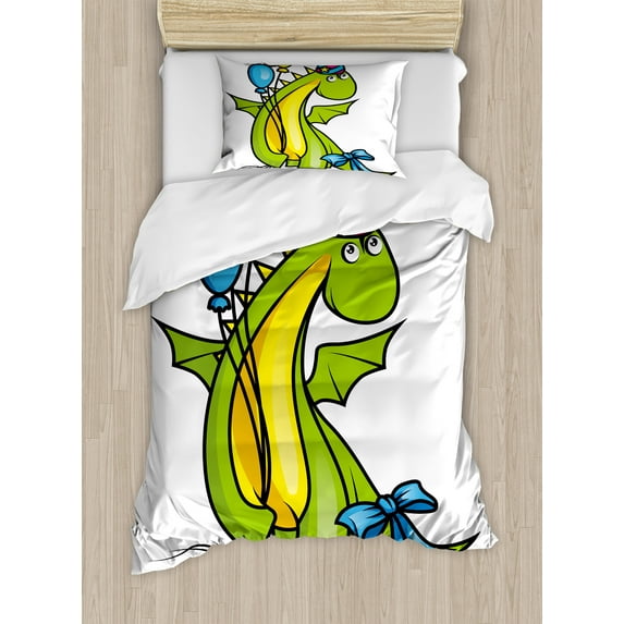 Ambesonne Birthday Duvet Cover Sets, Birthday Dinosaur, 2-Twin, Fern Green Yellow
