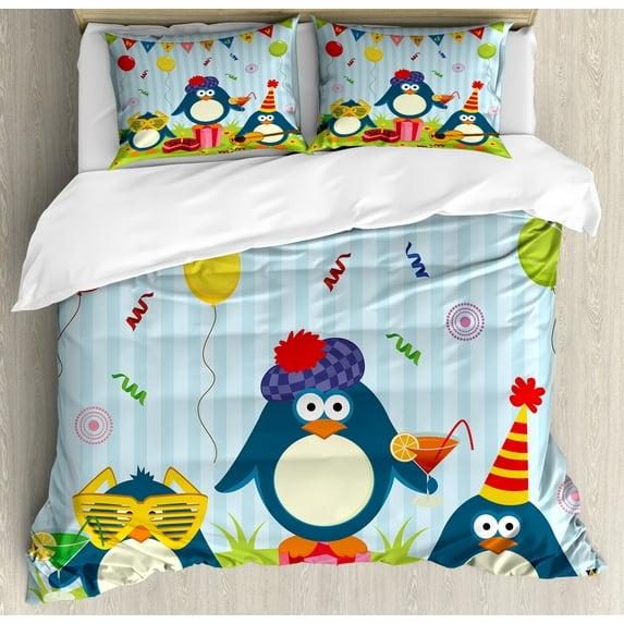 Ambesonne Birthday Duvet Cover Sets, Birthday Penguin, 2-Queen, Fern Green Pale Blue