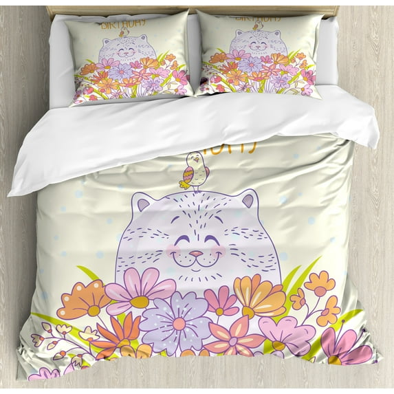 Ambesonne Birthday Duvet Cover Sets, Happy Cat Bird Flowers, 2-Queen, Pale Yellow Lilac Orange