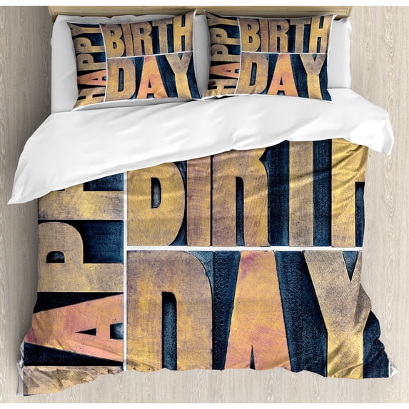 Ambesonne Birthday Duvet Cover Sets, Wooden Printing Blocks, 2-King, Pale Brown Dark Blue