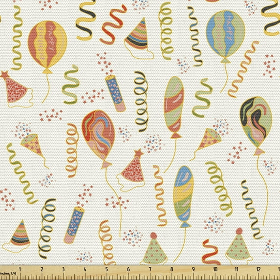 Ambesonne Birthday Fabric by the Yard Upholstery, Celebration of Aging Art, 1 Yard, Ivory Multicolor
