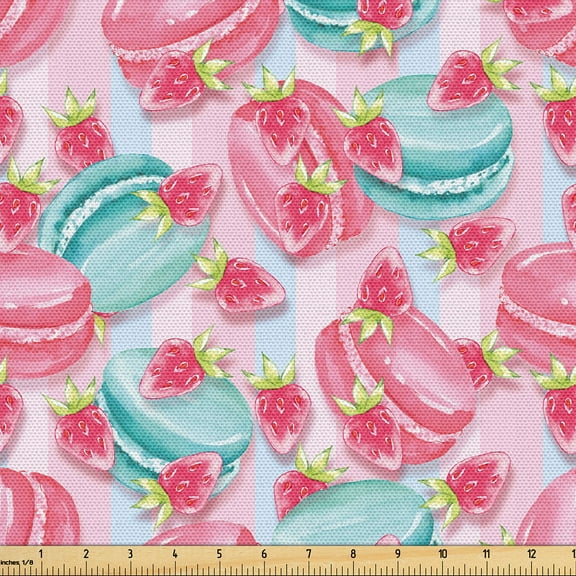 Ambesonne Birthday Fabric by the Yard Upholstery, Macaroons Strawberries Art, 2 Yards, Soft Pink and Pale Teal