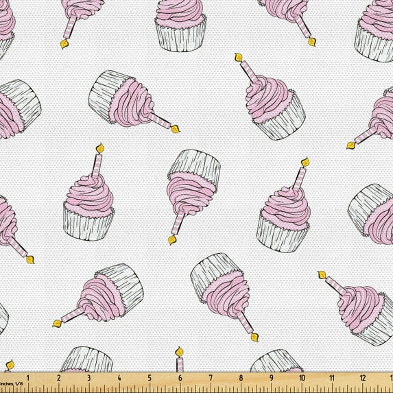 Ambesonne Birthday Fabric by the Yard Upholstery, Repeating Cupcakes Candles, 1 Yard, Soft Pink Earth Yellow