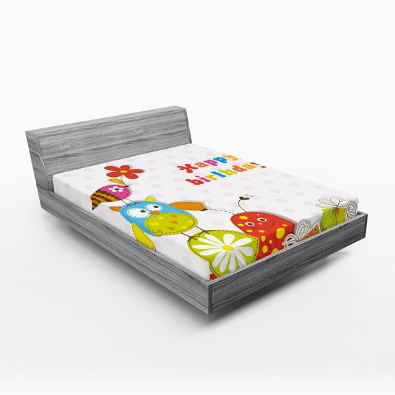 Ambesonne Birthday Fitted Sheet, Birthday Owls Birds, Full Size, Multicolor