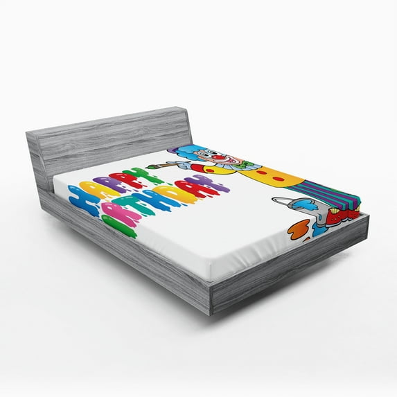 Ambesonne Birthday Fitted Sheet, Birthday Party Clown, Full Size, Multicolor