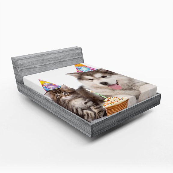 Ambesonne Birthday Fitted Sheet, Birthday Party Cones, Full Size, White and Brown