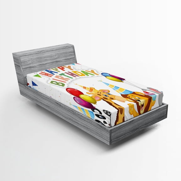 Ambesonne Birthday Fitted Sheet, Cartoon Animals Party, Twin XL Size, Multicolor