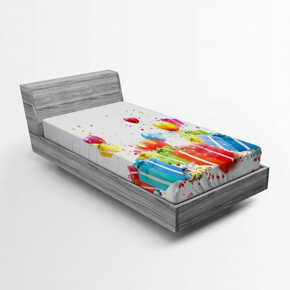 Ambesonne Birthday Fitted Sheet, Colorful Boxes Balloons, Twin Size, Multicolor